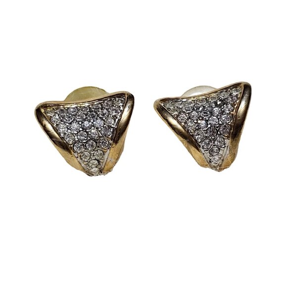 Vintage Unsigned Designer Gold Plated Triangle Pave Rhinestone Pierced Earrings - Picture 1 of 4